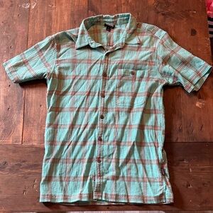 Patagonia Mint Green and Brown Plaid Short-Sleeve Button-Down Shirt